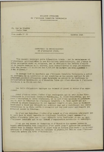 Les Cahiers de l'Alliance Israélite Universelle (Paix et Droit).  N°10 (01 oct. 1946)
